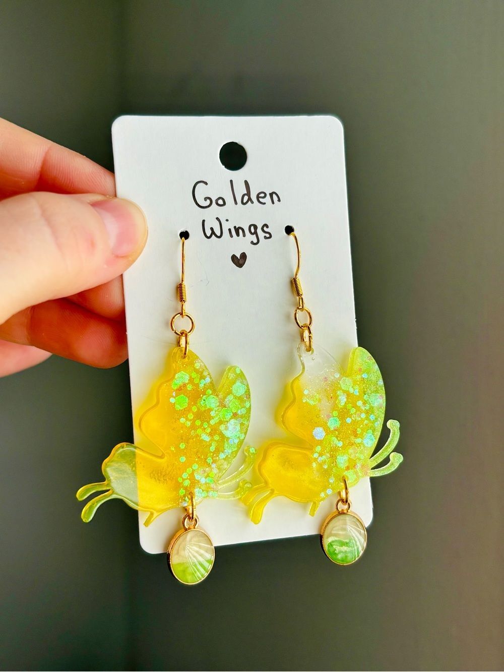Golden Wings Resin Butterfly Earrings Yellow Glitter Nature Dangle Jewelry Handm